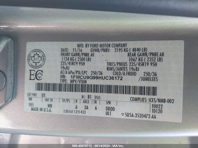 Ford ESCAPE SE 2017 1FMCU9G99HUC36172 Image 9