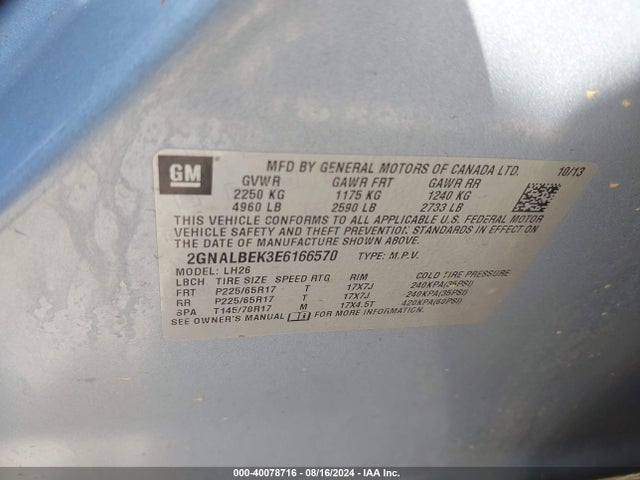 Chevrolet EQUINOX 1LT 2014 2GNALBEK3E6166570 Image 9