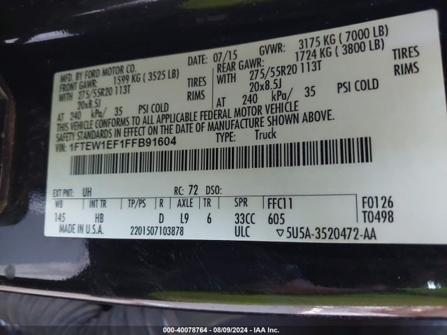 Ford F-150 Lariat 2015 1FTEW1EF1FFB91604 Image 9