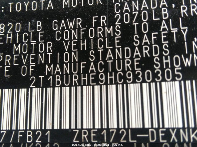 Toyota COROLLA LE 2017 2T1BURHE9HC930305 Image 9