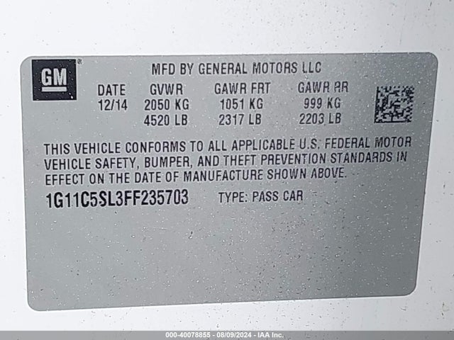 Chevrolet IMPALA 1LT 2015 1G11X5SL3FF235703 Image 9