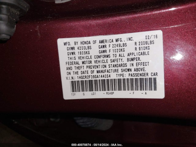 Honda ACCORD LX 2016 1HGCR2F39GA144054 Image 9
