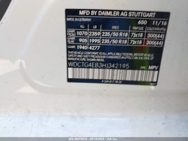 WDCTG4EB3HJ342195 Mercedes-Benz GLA 250