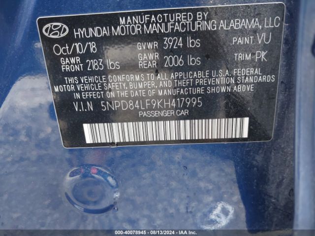 5NPD84LF9KH417995 Hyundai ELANTRA SEL