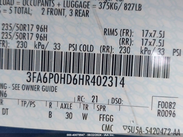 Ford FUSION SE 2017 3FA6P0HD6HR402314 Image 9
