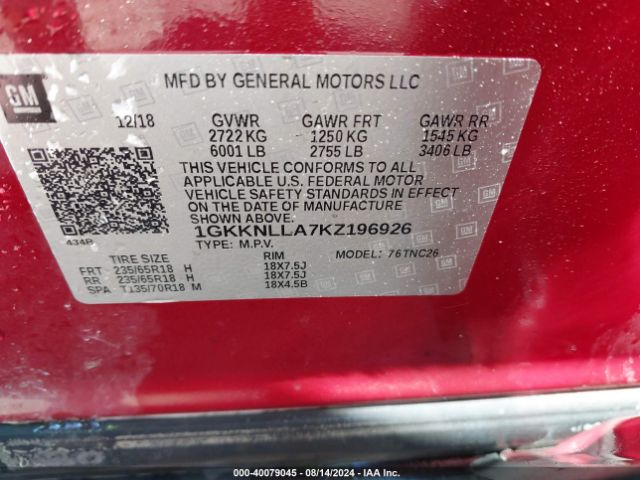 1GKKNLLA7KZ196926 GMC Acadia Sle-2