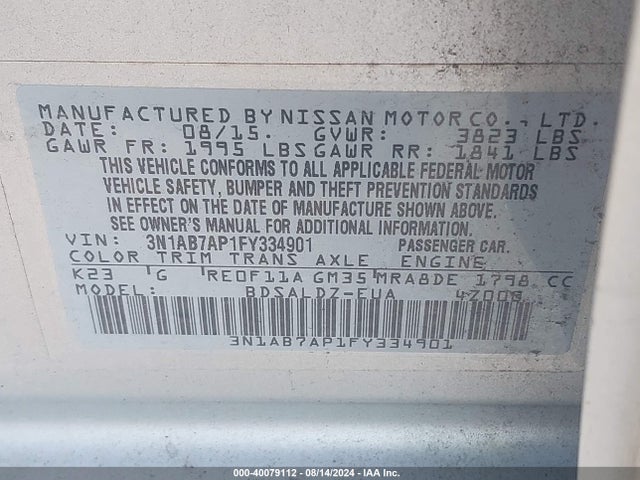 Nissan Sentra S/sv/sr/sl 2015 3N1AB7AP1FY334901 Image 9