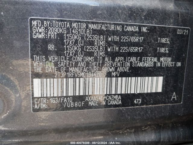 2T3P1RFV5MC194420 Toyota Rav4 Xle