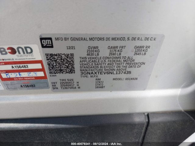 3GNAXTEV6NL137435 Chevrolet Equinox Awd 2fl