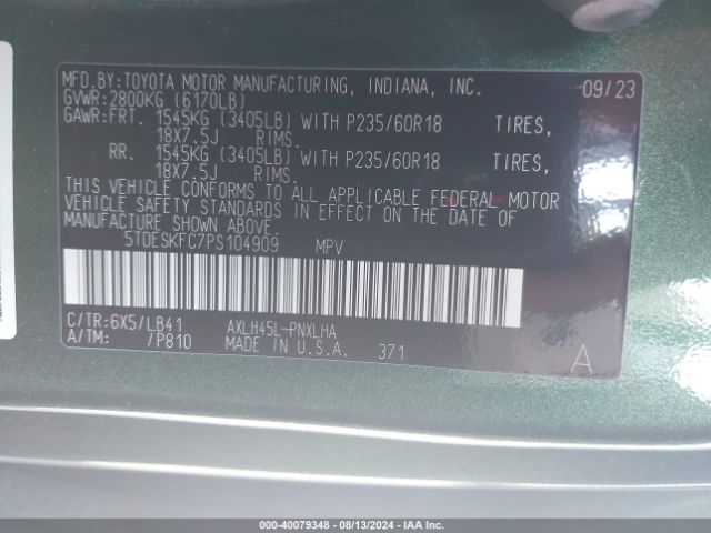 5TDESKFC7PS104909 Toyota Sienna Platinum
