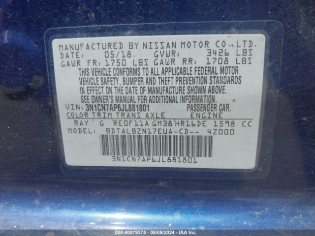 3N1CN7AP6JL881801 Nissan Versa 1.6 Sv