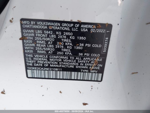 1V2KE2CA2NC210811 Volkswagen Atlas Cross Sport 3.6l V6 Se W/technology