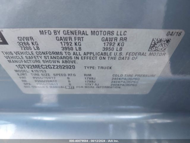 1GTV2MEC2GZ282920 GMC Sierra 1500 Sle