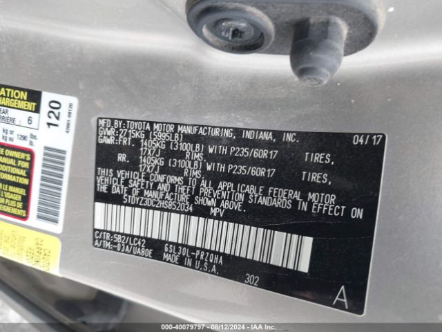 5TDYZ3DC2HS852034 Toyota Sienna Xle Premium 8 Passenger
