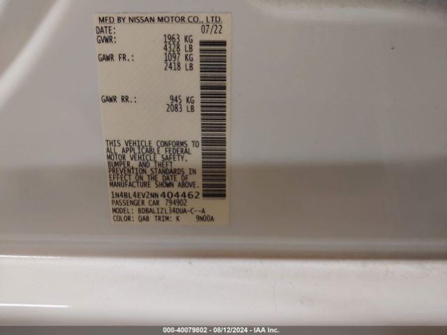 1N4BL4EV2NN404462 Nissan Altima Sl Fwd
