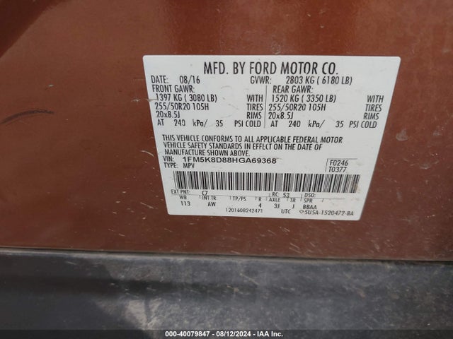Ford EXPLORER XLT 2017 1FM5K8D88HGA69368 Image 9