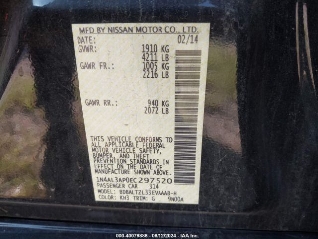 1N4AL3AP0EC297520 Nissan Altima 2.5 Sv