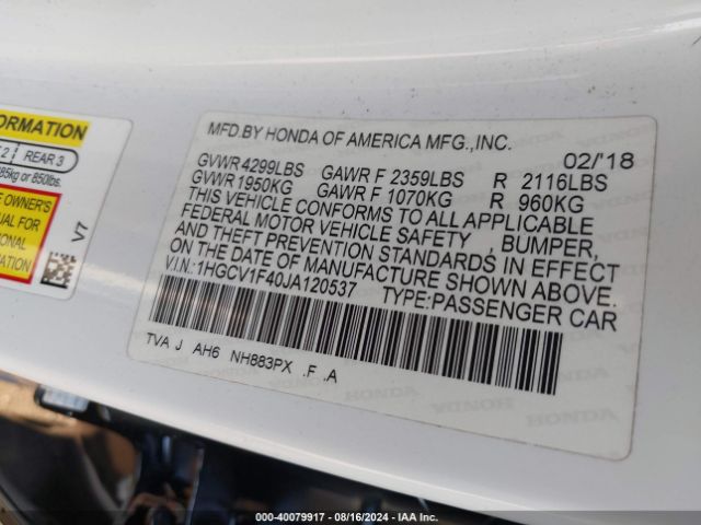 1HGCV1F40JA120537 Honda ACCORD EX