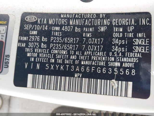 5XYKT3A66FG635568 KIA SORENTO LX
