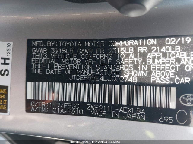 Toyota Corolla Hybrid Le 2020 JTDEBRBE4LJ002748 Image 9
