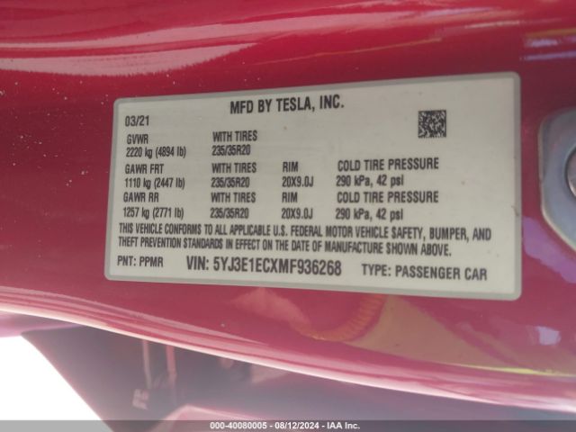 5YJ3E1ECXMF936268 Tesla Model 3 Performance Dual Motor All-wheel Drive