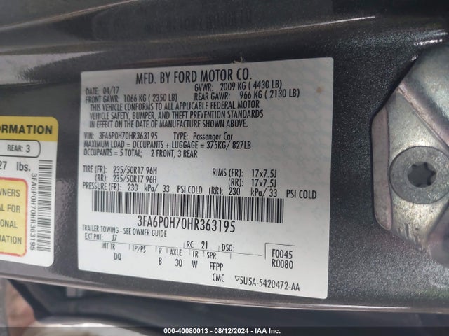 Ford FUSION SE 2017 3FA6P0H70HR363195 Image 9