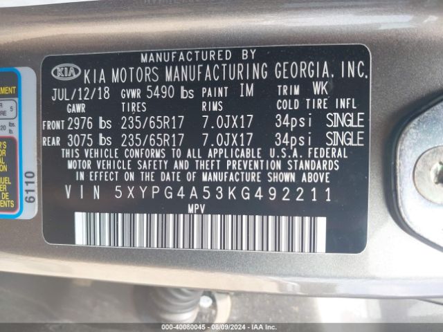 5XYPG4A53KG492211 KIA Sorento 3.3l Lx