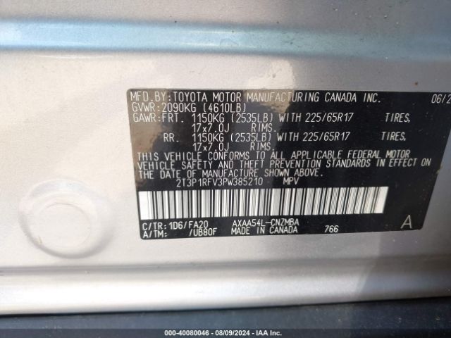 2T3P1RFV3PW385210 Toyota Rav4 Xle