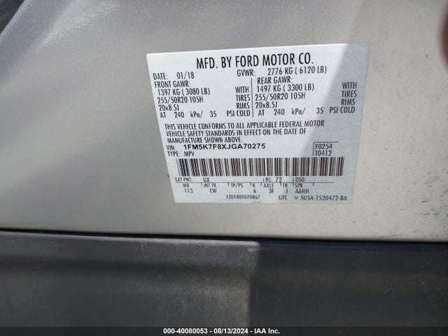Ford Explorer Limited 2018 1FM5K7F8XJGA70275 Image 9