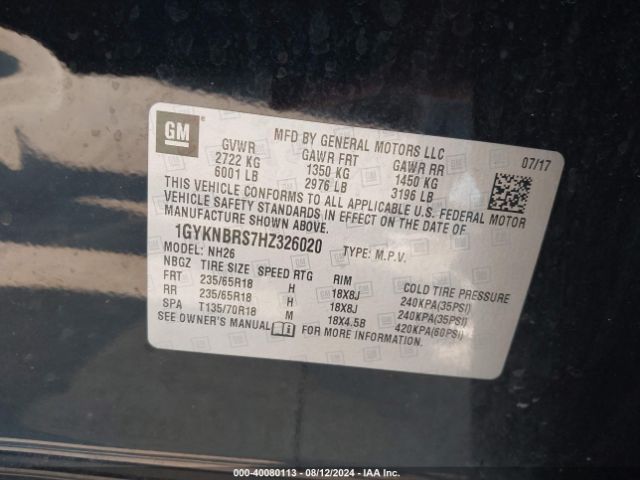 1GYKNBRS7HZ326020 Cadillac XT5 LUXURY