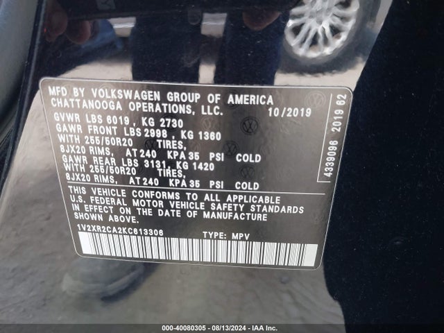 1V2XR2CA2KC613306 Volkswagen Atlas 3.6l V6 Se W/technology R-line