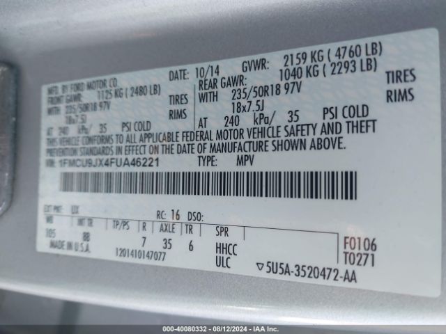 1FMCU9JX4FUA46221 Ford Escape Titanium