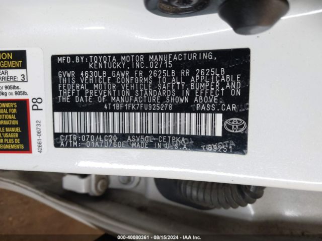 4T1BF1FK7FU925278 Toyota CAMRY XSE