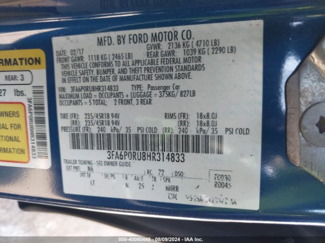 3FA6P0RU8HR314833 Ford Fusion Hybrid Titanium