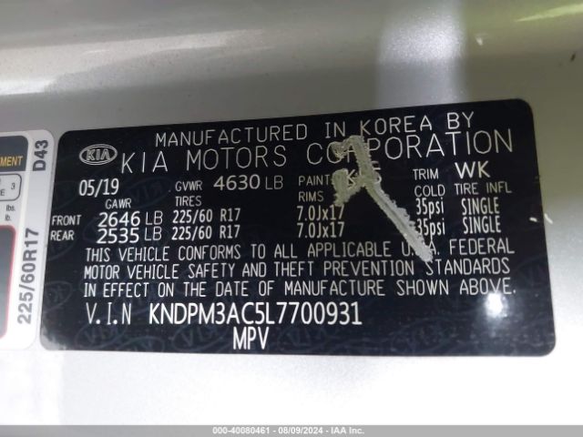 KNDPM3AC5L7700931 KIA Sportage Lx