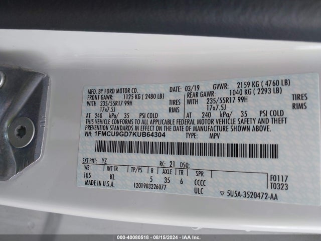 Ford ESCAPE SE 2019 1FMCU9GD7KUB64304 Image 9