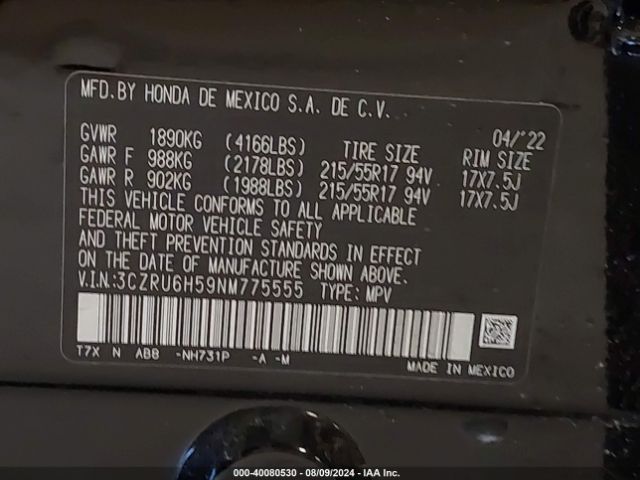 3CZRU6H59NM775555 Honda Hr-v Awd Ex