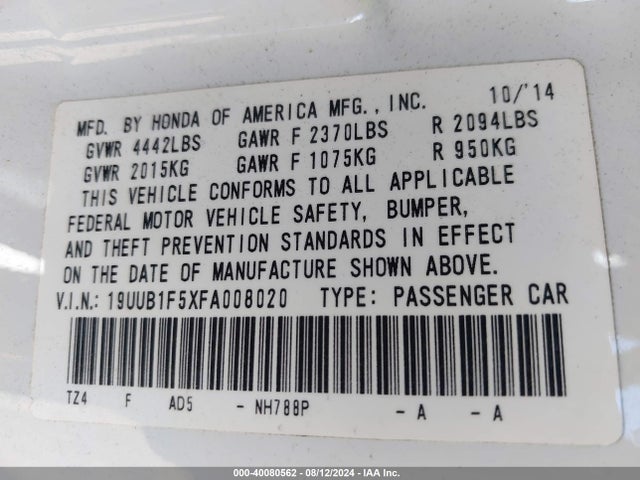 19UUB1F5XFA008020 Acura TLX TECH