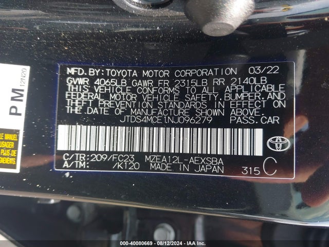 Toyota COROLLA SE 2022 JTDS4MCE1NJ096279 Image 9