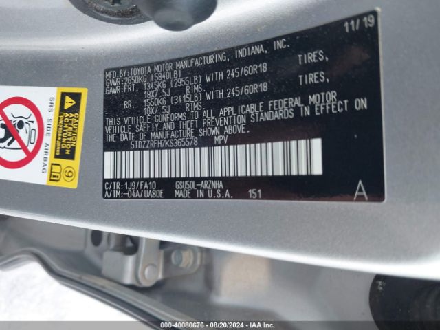 5TDZZRFH7KS365578 Toyota Highlander Le Plus
