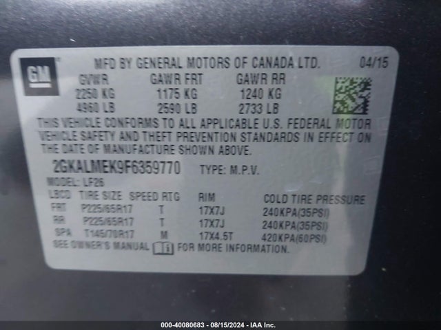 GMC Terrain Sle-1 2015 2GKALMEK9F6359770 Image 9