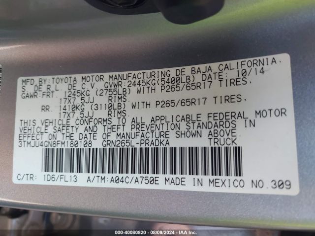 3TMJU4GN8FM180108 Toyota Tacoma Prerunner V6