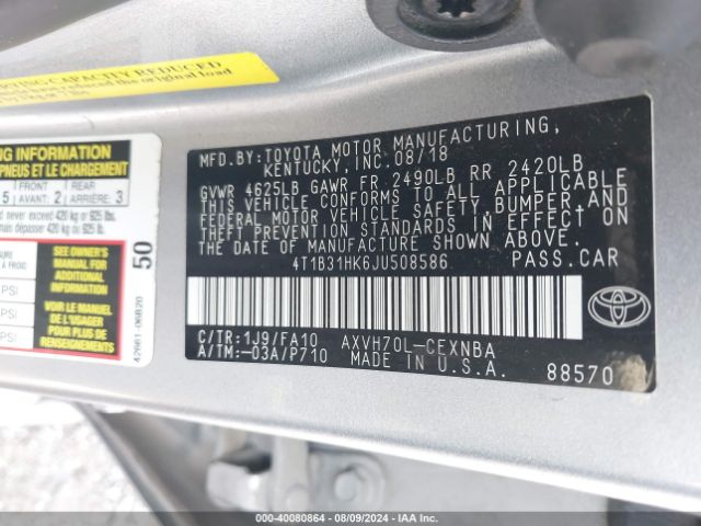 4T1B31HK6JU508586 Toyota Camry Hybrid Le