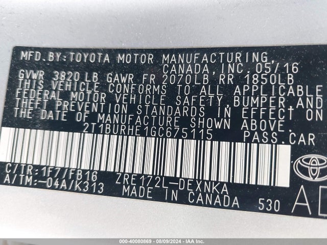 Toyota COROLLA LE 2016 2T1BURHE1GC675115 Image 9