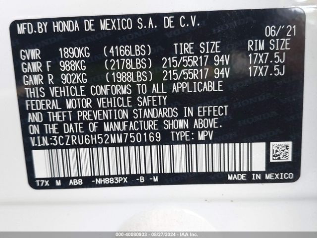 3CZRU6H52MM750169 Honda Hr-v Awd Ex