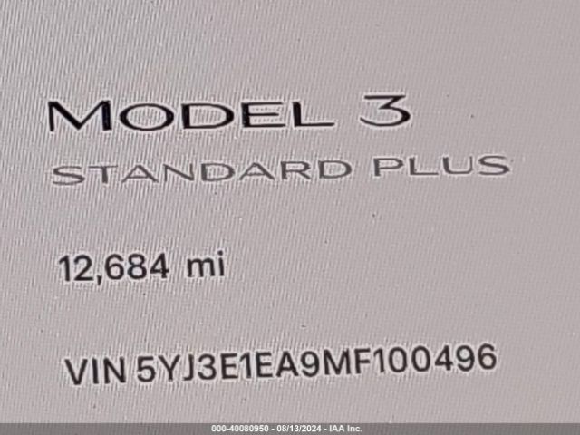 5YJ3E1EA9MF100496 Tesla Model 3 Standard Range Plus Rear-wheel Drive