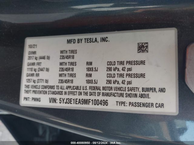 5YJ3E1EA9MF100496 Tesla Model 3 Standard Range Plus Rear-wheel Drive