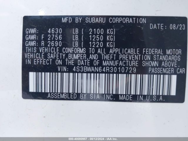 4S3BWAN64R3010729 Subaru Legacy Limited