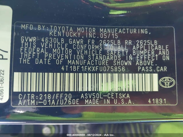 Toyota CAMRY SE 2015 4T1BF1FKXFU075856 Image 9