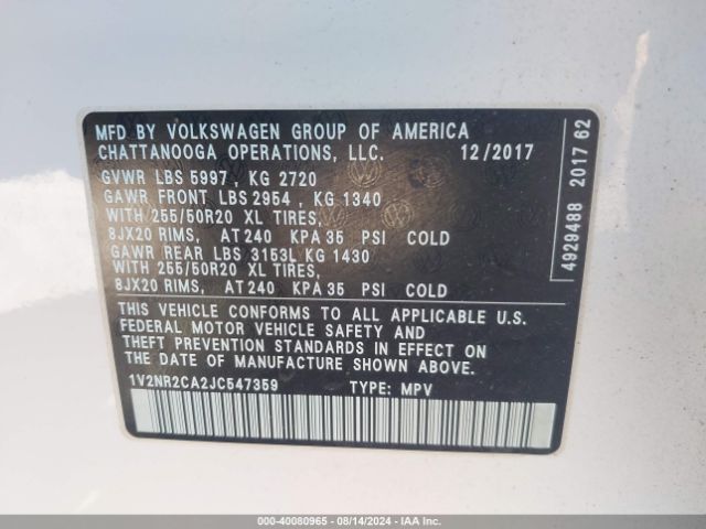 1V2NR2CA2JC547359 Volkswagen Atlas 3.6l V6 Sel Premium